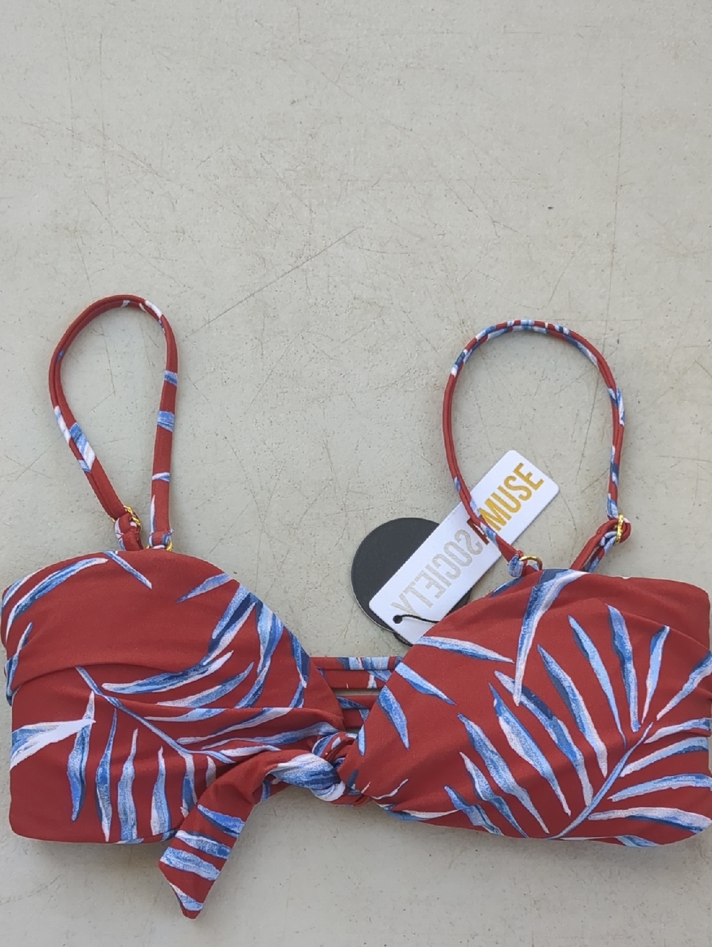 Amuse Society Red Bikini Top with Blue & White Palm Print